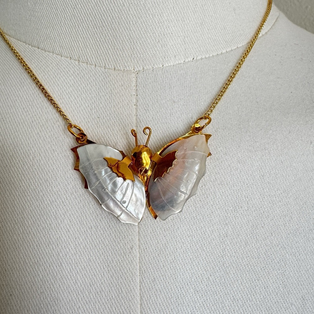 Mother Of Pearl Butterfly Necklace Gold Tone Vampire Moth Fairy Boho Statement